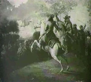 Two Mounted Soldiers Crossing Swords Before A Warring Army