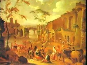 Roman River Landscape With Peasants Resting With Sheep And  Cattle