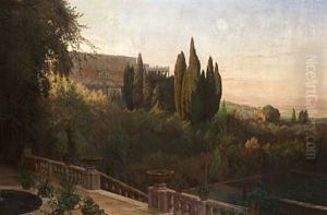 Parti Af Villa D'este, Morgen, I Baggrunden Den Romerske Campagne by Niels (Anders) Bredal