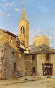 Italiensk Landsbyscene Med Kirketarn Set Mod En Bla Sommerhimmel by Niels (Anders) Bredal