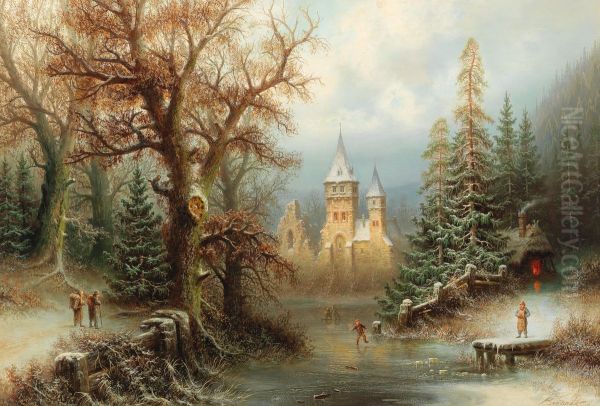 Romantic Winter Landscape With Ice Skaters By A Castle - view 1
