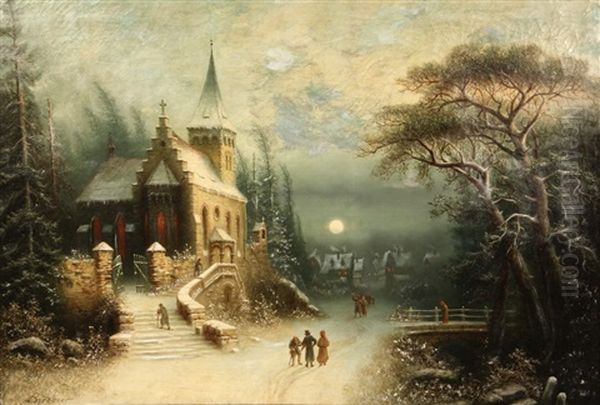 Romantic Moonlit Winter Landscape With Stone Church And Distant Village - view 1
