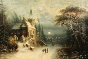 Romantic Moonlit Winter Landscape With Stone Church And Distant Village