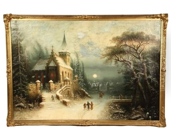 Romantic Moonlit Winter Landscape With Stone Church And Distant Village - view 1