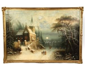 Romantic Moonlit Winter Landscape With Stone Church And Distant Village