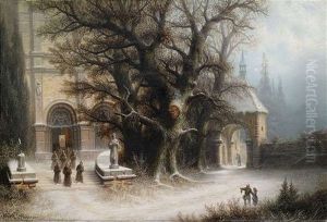 Prozession An Einer Verschneiten Klosteranlage by Albert Bredow