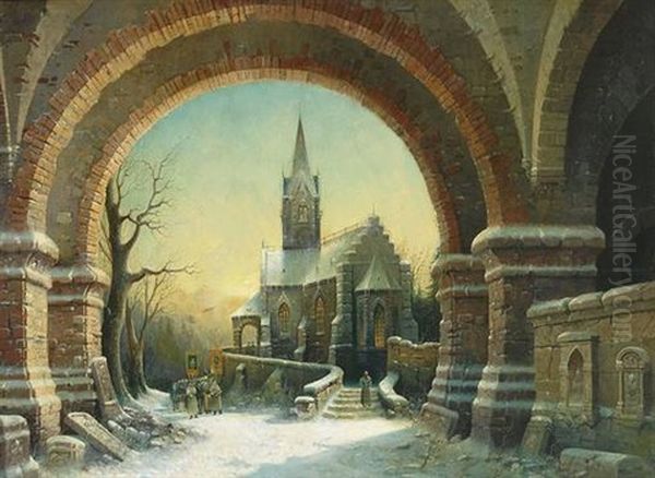 Blick Durch Machtigen Torbogen Auf Verschneite Winterlandschaft - view 1