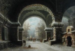 A Winter Scene With A Religious Procession Through The Gates Of A Cathedral