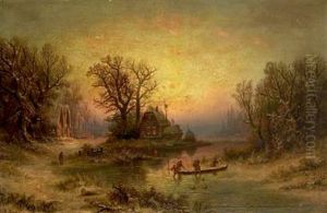 Winther Landscape With Persons On A Frozen Lake