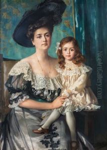 Bildnis Einer Eleganten Dame Mit Ihrer Tochter Im Saloninterieur by Ferdinand Max Bredt