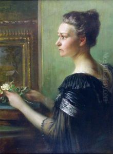 Portrat Einer Dame Mit Rosen Vor Einem Gemalde by Ferdinand Max Bredt