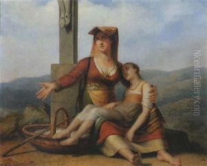Vor Einem Kruzifix Sitzende Mutter Mit Ihrem Kranken Kind, Im Hintergrund Eine Stadt Vor Einem Kruzifix Sitzende Mutter Mit Ihrem Kranken Kind, Im Hintergrund Eine Stadt