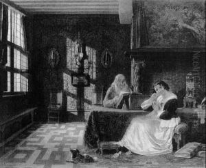 Interieur Im Stil Des 17. Jahrhunderts Mit Einem An Einem Tisch Sitzenden Paar Interieur Im Stil Des 17. Jahrhunderts Mit Einem An Einem Tisch Sitzenden Paar
