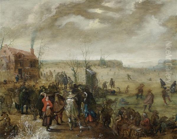 A Winter Landscape With Skaters On A Frozen Estuary And Figures By An Inn - view 1