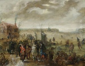 A Winter Landscape With Skaters On A Frozen Estuary And Figures By An Inn by Adam van Breen