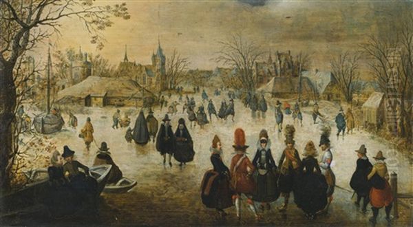 Winter Landscape With Skaters On A Frozen River Outside A Village - view 1