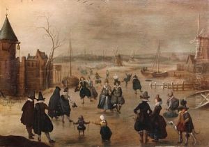 Elegant Skaters On A Frozen River By A Fortified Castle, At Dusk Elegant Skaters On A Frozen River By A Fortified Castle, At Dusk