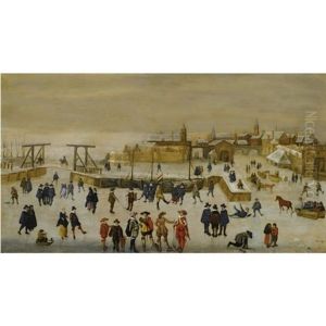 Winter Landscape With Elegant Figures Skating And Conversing On The Ice Outside The Walls Of A Dutch Town by Adam van Breen