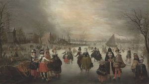 A Winter Landscape With Elegant Skaters On A Frozen Lake, A Town Beyond A Winter Landscape With Elegant Skaters On A Frozen Lake, A Town Beyond
