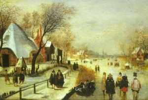 A Winter Landscape With Elegant Figures Skating And Playing Kolf On A Frozen River, A Townscape Beyond