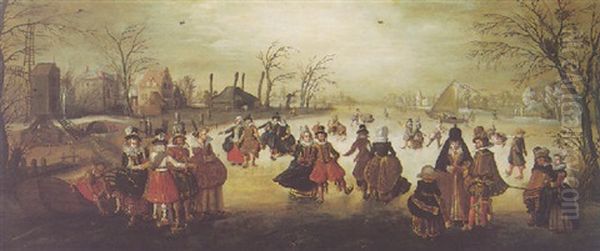 A Winter Landscape With Elegant Figures Skating On A Frozen River - view 1