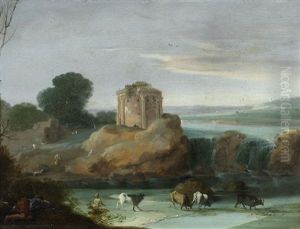 An Italianate Landscape With A Round, Blind Colonnade Temple, Drovers With Their Cattle By Cascades; And A Coastal Capriccio With A Ruined Tower (2)