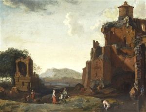 Un Paysage Italianisant Avec Des Personnages Pres De Ruines