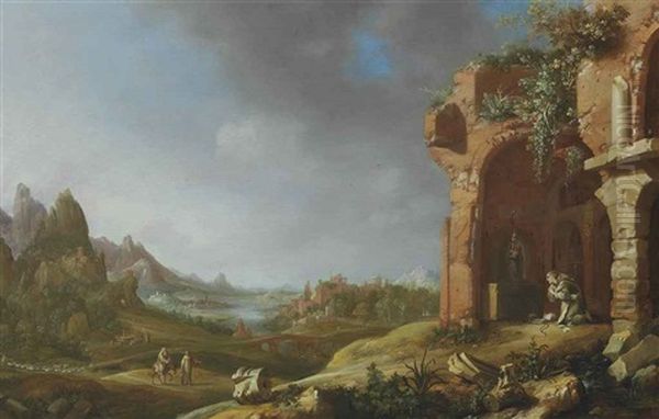 A Landscape With A Hermit Monk Praying In Classical Ruins - view 1