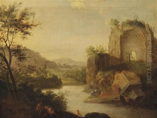 A Wooded Landscape With Bathing Nymphs Near Classical Ruins - view 1