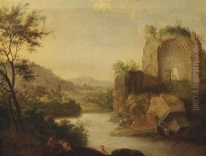 A Wooded Landscape With Bathing Nymphs Near Classical Ruins