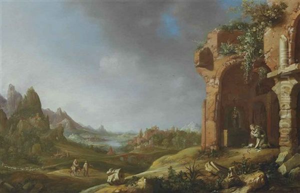 A Landscape With The Flight Into Egypt And A Hermit Monk Praying In Classical Ruins by Bartholomeus Breenbergh