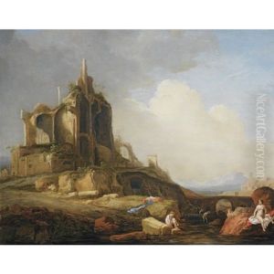 A Southern Landscape With Figures Bathing Near Classical Ruins