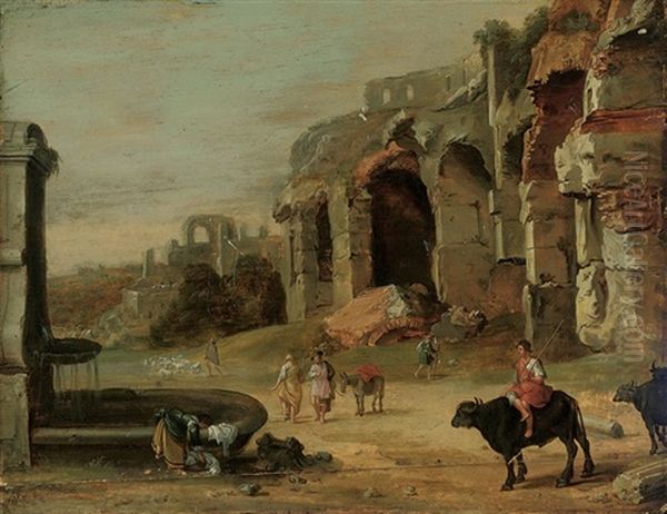 An Italianate Landscape With A Woman Washing Clothes, Herdsmen And Their Cattle Beside Ruins - view 1