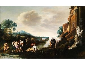 Italienische Fantasielandschaft Mit Flusslauf, Ruinenarchitektur Und Figurenstaffage Mit Kuhen Am Ufer by Bartholomeus Breenbergh