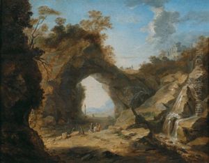 Gebirgslandschaft Mit Zwei Jagern, Die Durch Ein Felsentor Reiten Gebirgslandschaft Mit Zwei Jagern, Die Durch Ein Felsentor Reiten