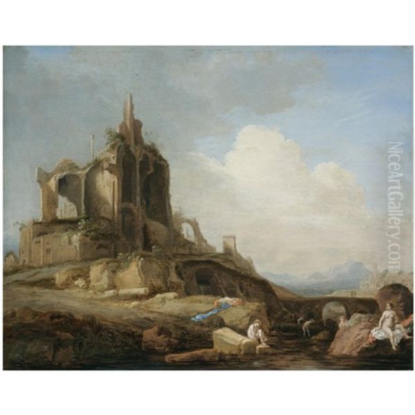 An Italianate Landscape With Nymphs Bathing In The Foreground And Classical Ruins Beyond - view 1