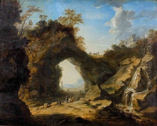 Hirtenidylle Mit Schafer Und Seiner Herde An Einem Flussufer (+ Zwei Jager Reiten Durch Eine Felsentor; 2 Works) - view 1