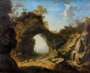 Hirtenidylle Mit Schafer Und Seiner Herde An Einem Flussufer (+ Zwei Jager Reiten Durch Eine Felsentor; 2 Works) by Bartholomeus Breenbergh
