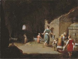 Peasant Women And Children Washing By A Fountain In A Cave