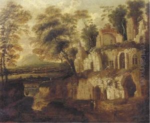 An Italianate Landscape With Figures Resting Near An Overgrown Ruin, A River And Town In The Distance by Bartholomeus Breenbergh