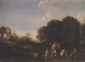 Classical Landscape With Nymphs And The Goat "amalthea" Being Suckled By The Infant Jupiter, The Temple Of Minerva Medica Beyond by Bartholomeus Breenbergh