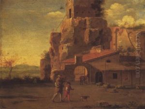 An Italianate Landscape With Travellers On A Path Leading To A Gate By A Fortress by Bartholomeus Breenbergh