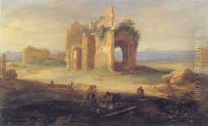 Italianate Landscape With Architectural Ruins And Rachel Kissing Laban by Bartholomeus Breenbergh