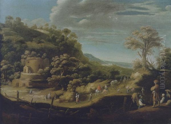 Paesaggio Boschivo Con Un Eremita Presso Un Cenotafo Antico, Una Carovana E Quattro Astanti In Primo Piano - view 1