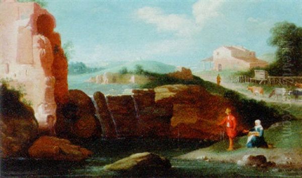 An Italianate River Landscape With A Peasant Fishing By Ruins - view 1