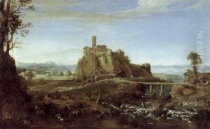 An Italianate Landscape With The Town Of Acquapendente Near Rome, And Shepherds And Washerwomen At The River by Bartholomeus Breenbergh