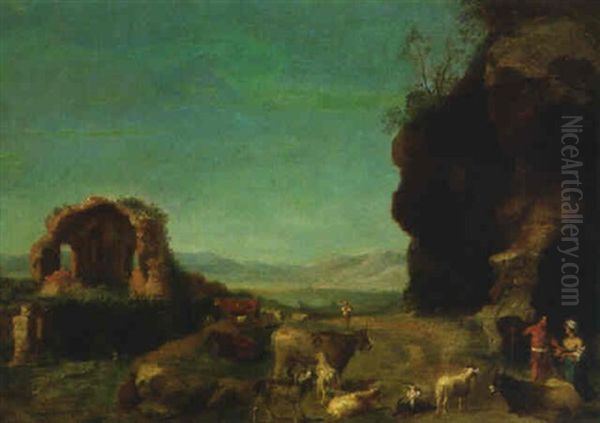 An Italianate Landscape With Shepherds Tending Cattle And Goats, A Ruin Beyond by Bartholomeus Breenbergh