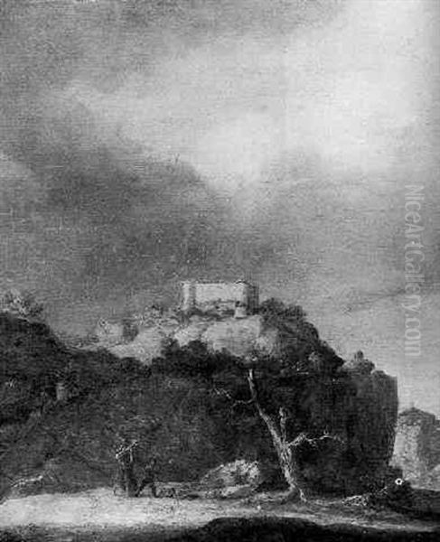 A Mother And Children On A Road By A Dead Tree In Stormy Weather, A Castle On A Hilltop In Stormy Weather Beyond - view 1