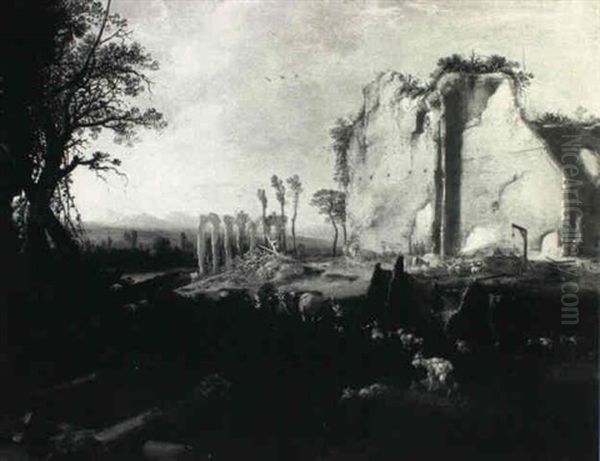 Herdsmen With Their Animals In An Italianate River Landscape With Classical Ruins - view 1