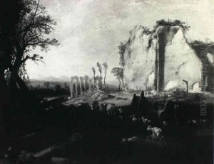 Herdsmen With Their Animals In An Italianate River Landscape With Classical Ruins by Bartholomeus Breenbergh